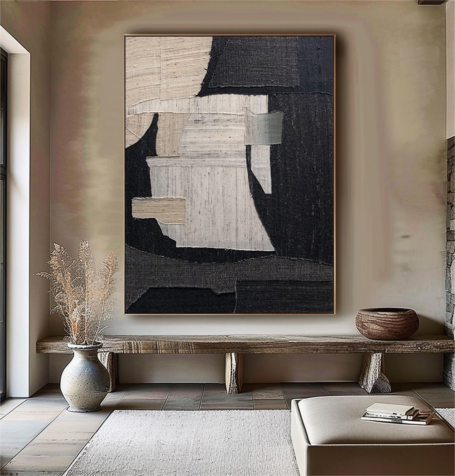 Large Black Abstract Painting – Wabi-Sabi Textured Canvas Art