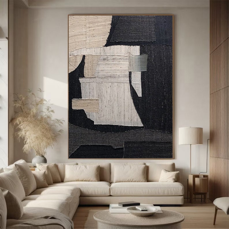 Large Black Abstract Painting – Wabi-Sabi Textured Canvas Art
