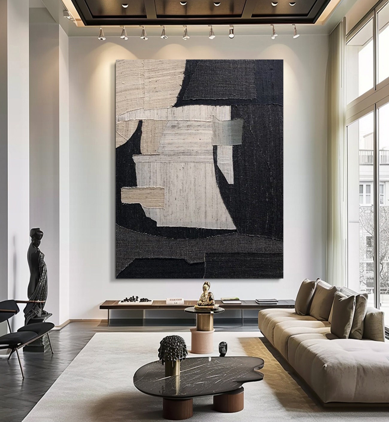 Large Black Abstract Painting – Wabi-Sabi Textured Canvas Art