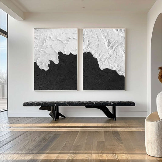Black & White Textured Wall Art – Set of 2 Minimalist Paintings – Abstract Painting