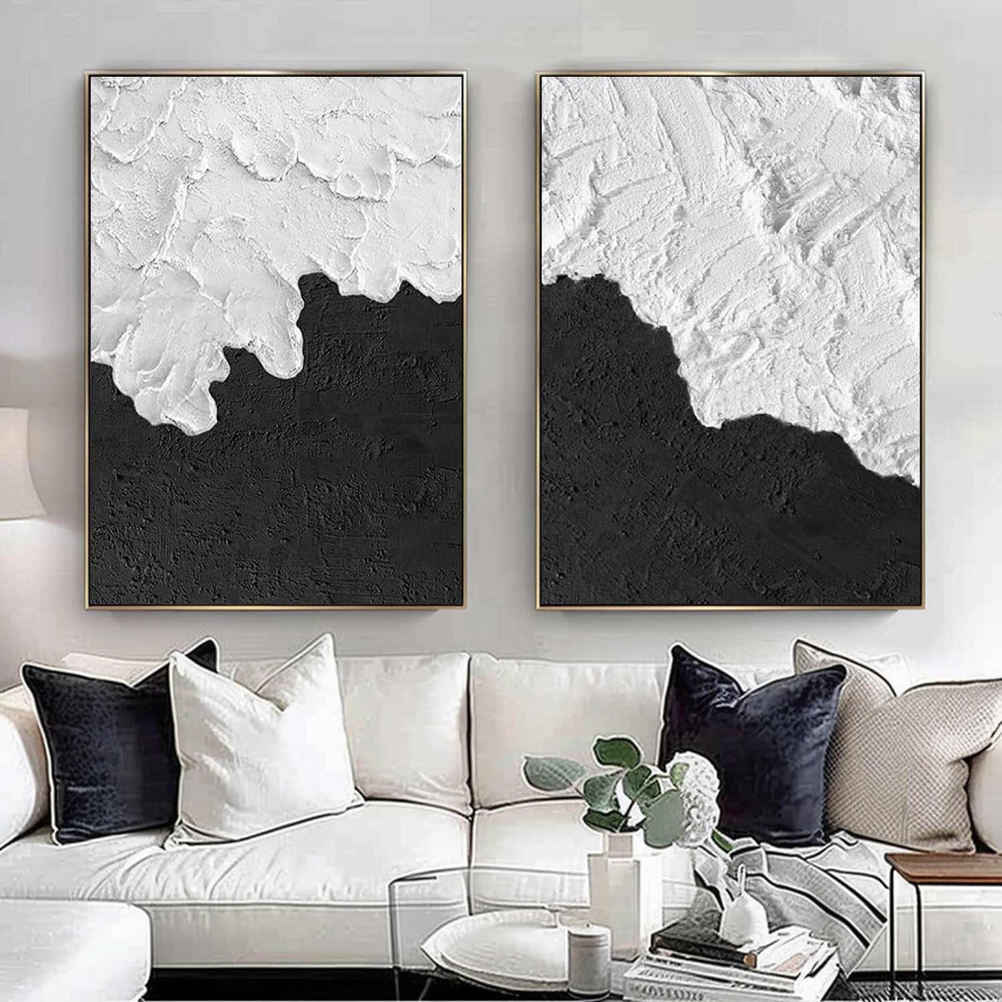 Black & White Textured Wall Art – Set of 2 Minimalist Paintings – Abstract Painting