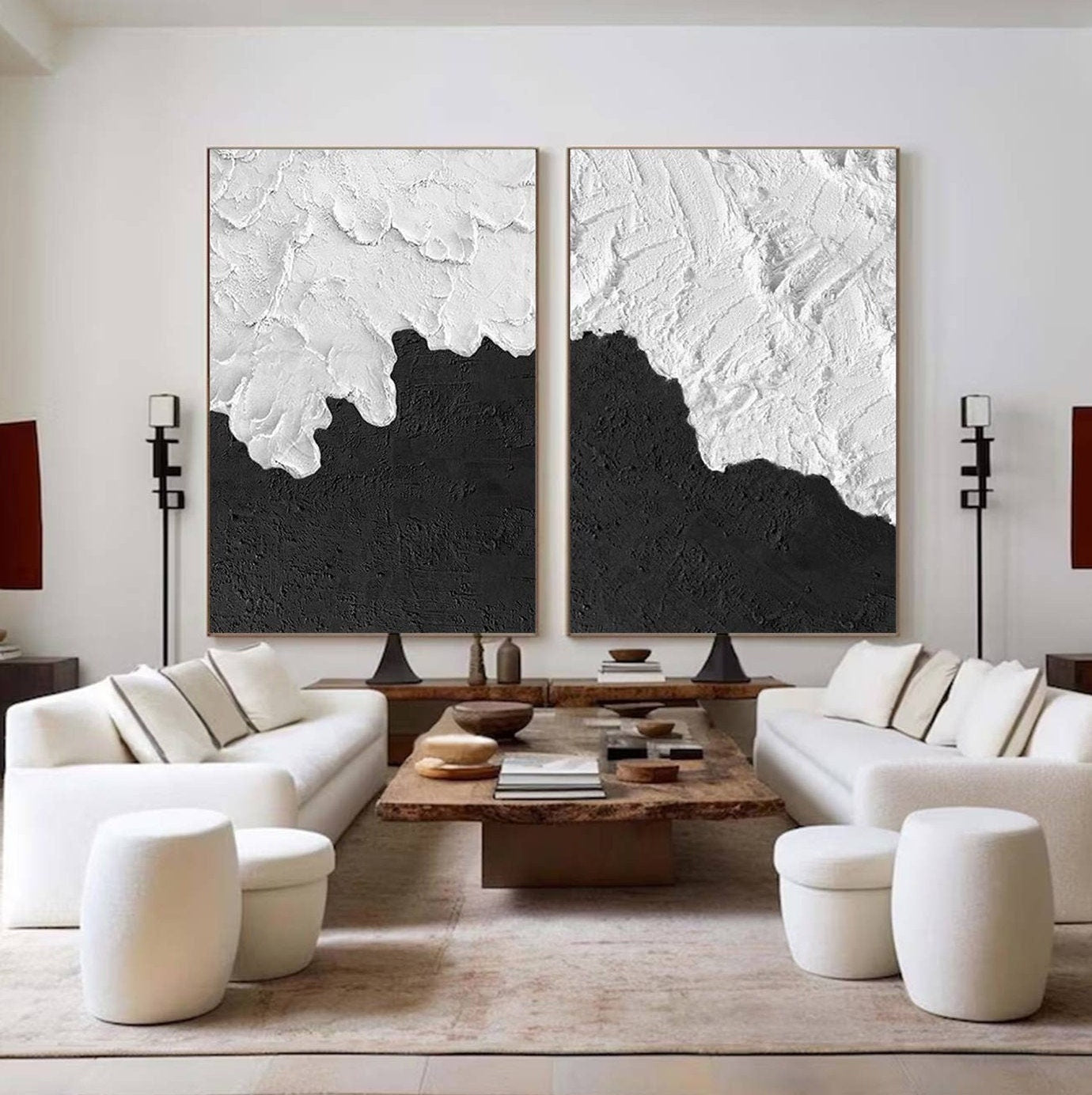 Black & White Textured Wall Art – Set of 2 Minimalist Paintings – Abstract Painting