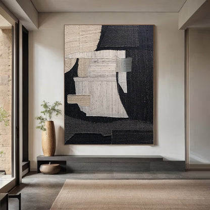 Large Black Abstract Painting – Wabi-Sabi Textured Canvas Art