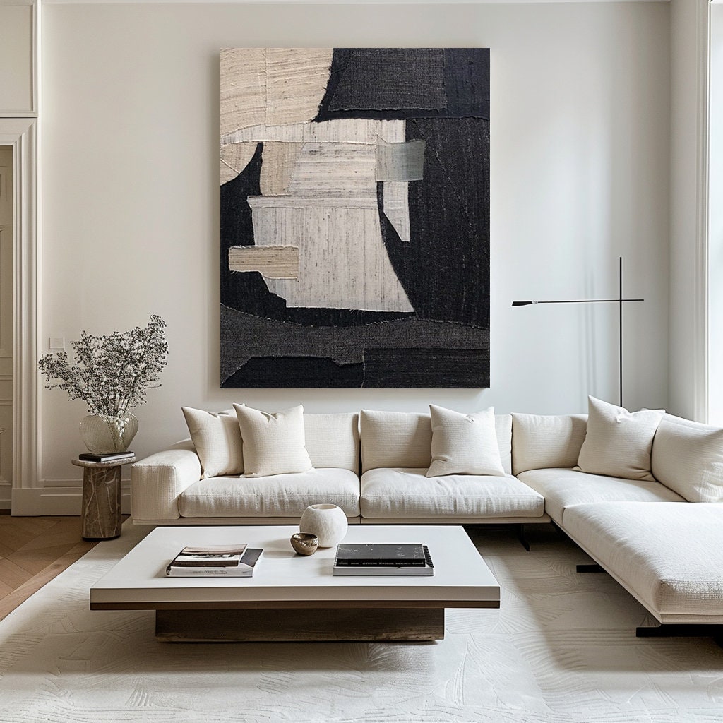 Large Black Abstract Painting – Wabi-Sabi Textured Canvas Art
