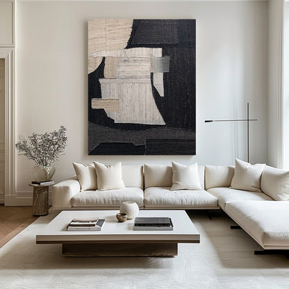 Large Black Abstract Painting – Wabi-Sabi Textured Canvas Art