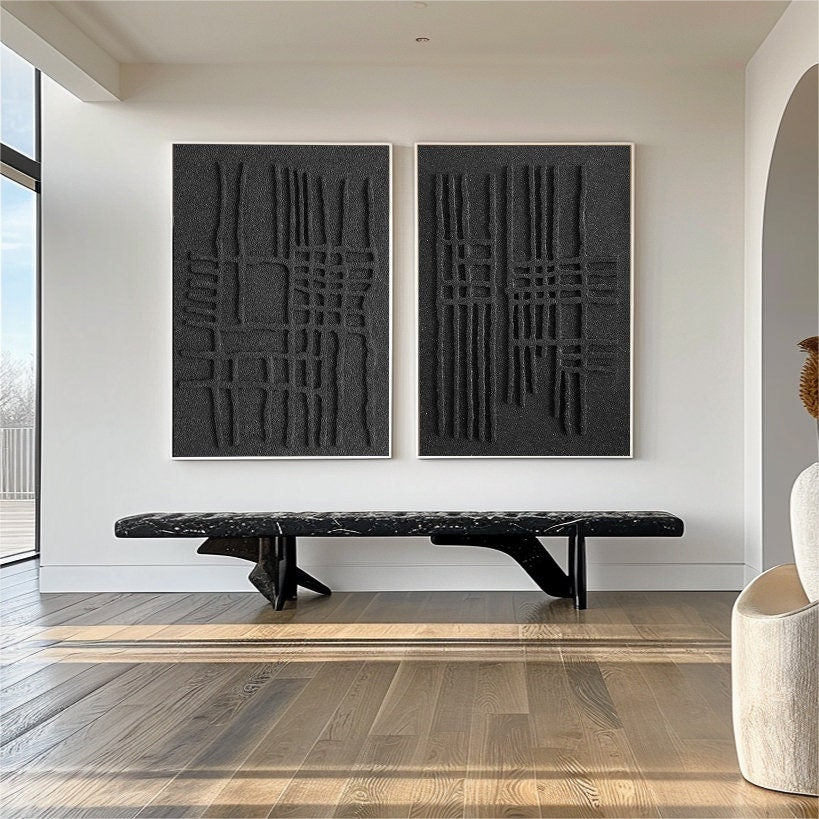 Black Minimalist Abstract Art Set – Textured Wall Decor – Abstract Painting