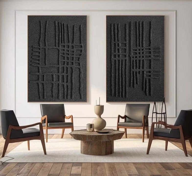 Black Minimalist Abstract Art Set – Textured Wall Decor – Abstract Painting