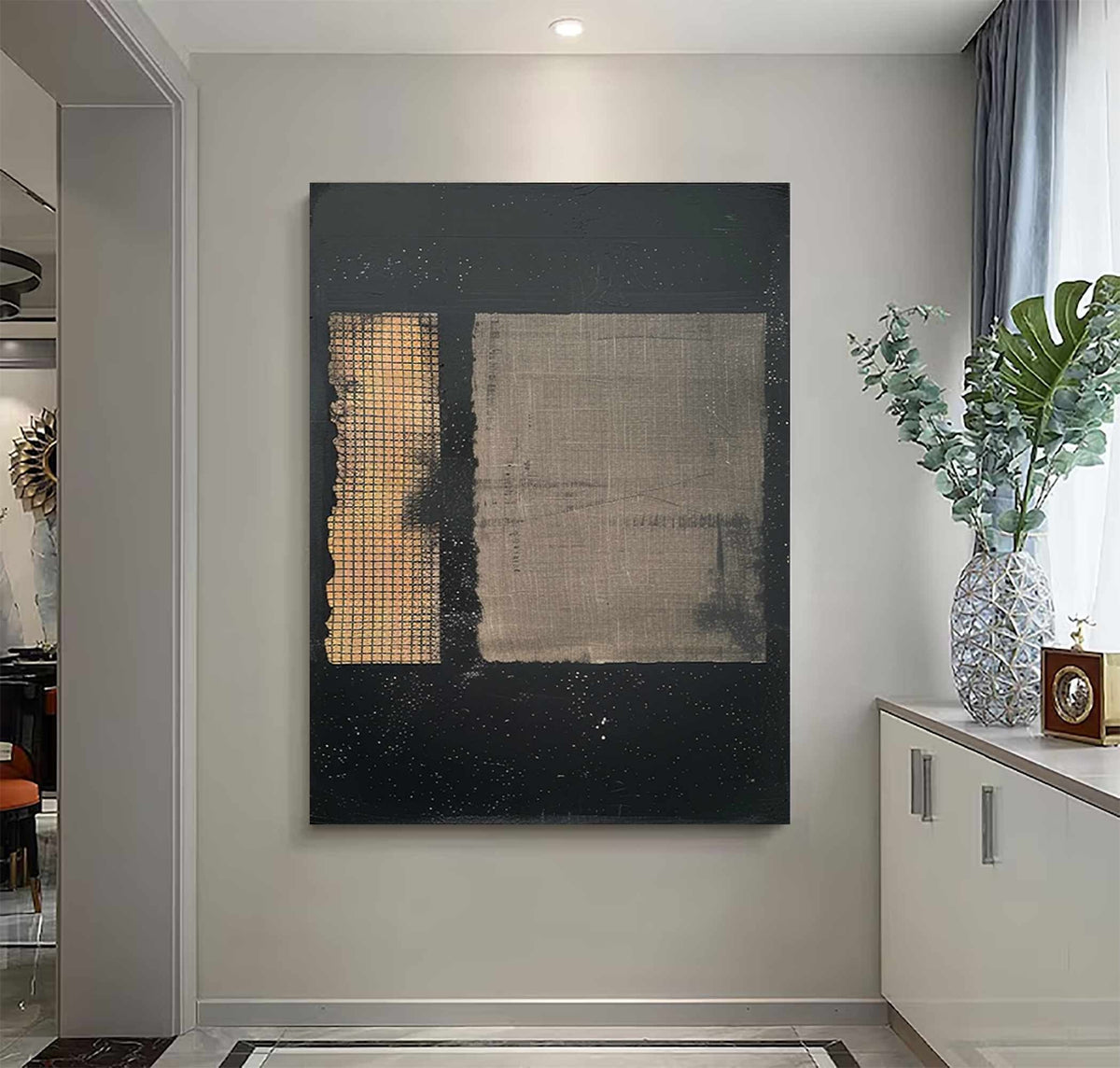 Black Beige Wabi Sabi Wall Art Textured Grid Canvas Painting for Living Room Decor