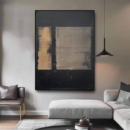 Black Beige Wabi Sabi Wall Art Textured Grid Canvas Painting for Living Room Decor