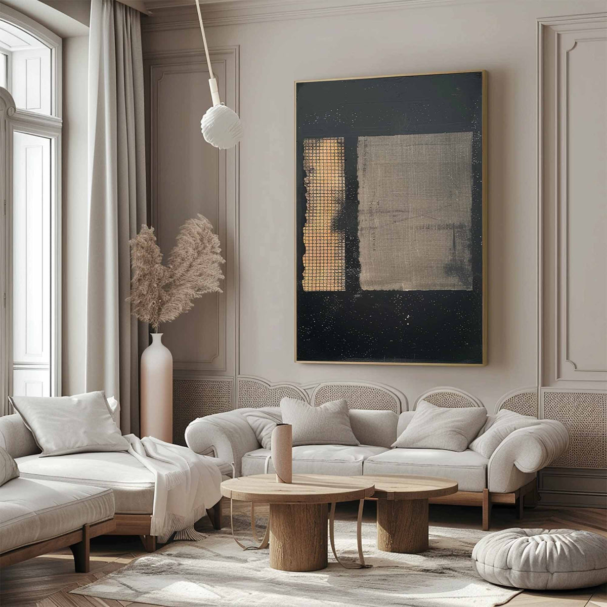 Black Beige Wabi Sabi Wall Art Textured Grid Canvas Painting for Living Room Decor