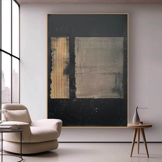 Black Beige Wabi Sabi Wall Art Textured Grid Canvas Painting for Living Room Decor