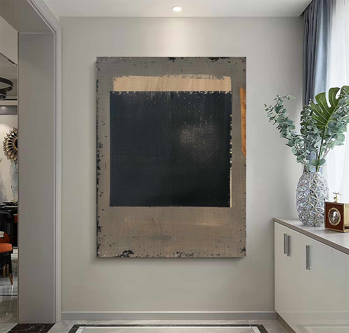 Black Taupe Abstract Wall Art Raw Edge Texture Canvas Painting for Modern Office Decor