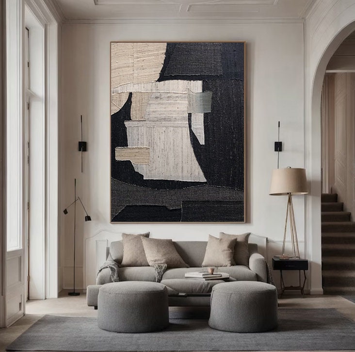 Black Abstract Textured Canvas Painting – Large Minimalist Wall Art – Abstract Painting