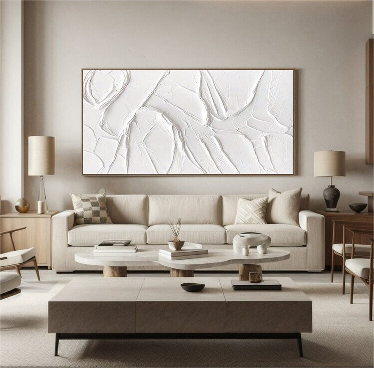 Textured White Mountain Painting – Framed Plaster Style Canvas Art – Abstract Painting