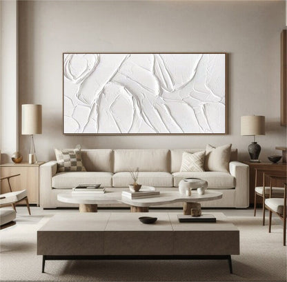 Textured White Mountain Painting – Framed Plaster Style Canvas Art – Abstract Painting