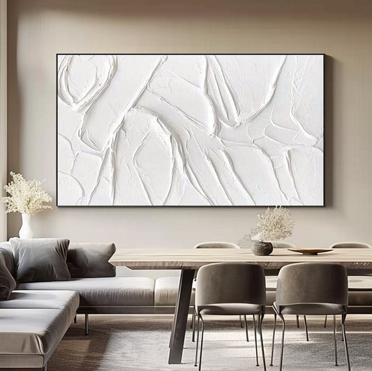 Textured White Mountain Painting – Framed Plaster Style Canvas Art – Abstract Painting
