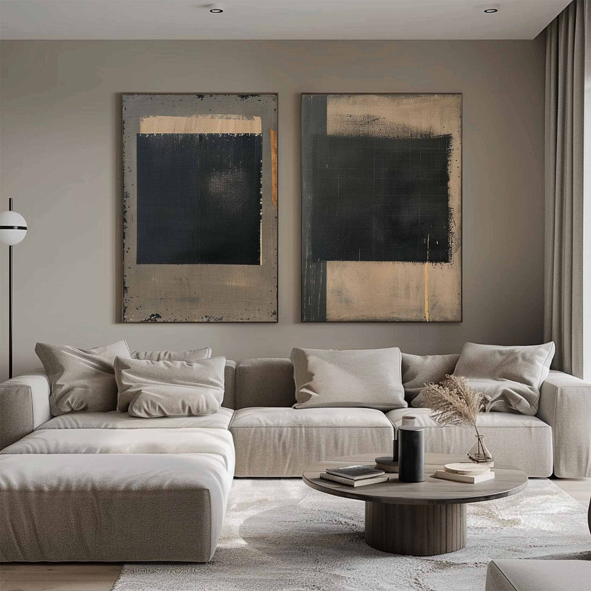 Wabi Sabi Wall Art Set of 2 Black Plaster Canvas Painting for Living Room