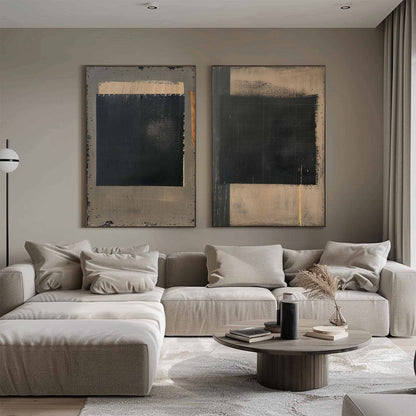 Wabi Sabi Wall Art Set of 2 Black Plaster Canvas Painting for Living Room