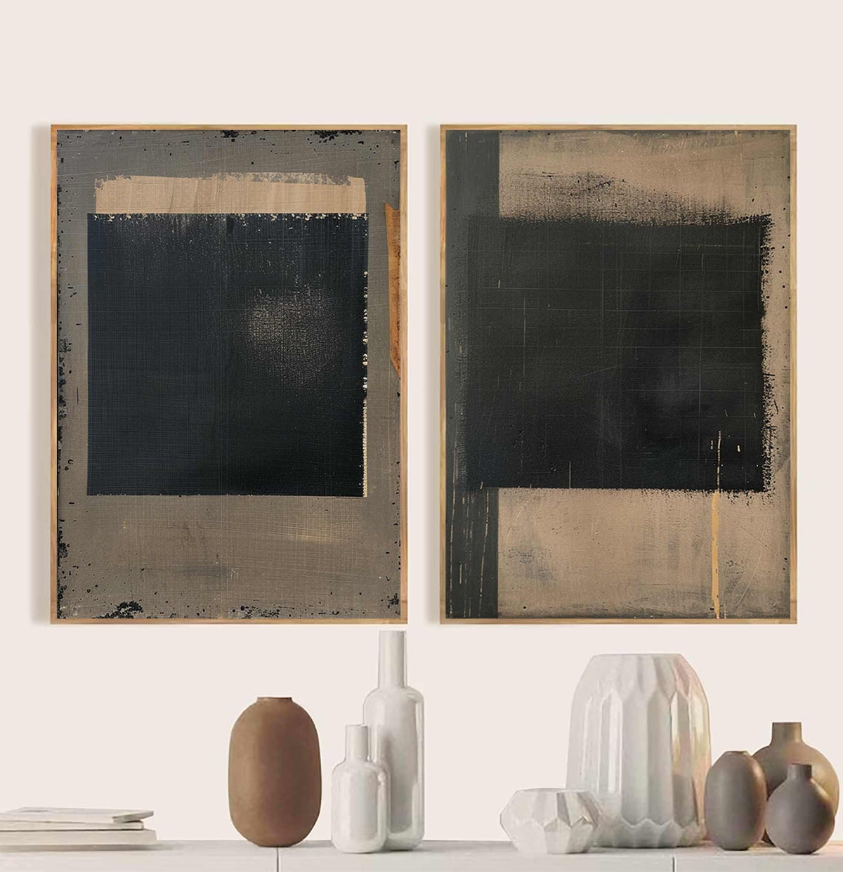 Wabi Sabi Wall Art Set of 2 Black Plaster Canvas Painting for Living Room
