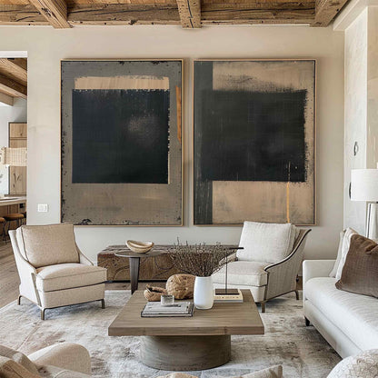 Wabi Sabi Wall Art Set of 2 Black Plaster Canvas Painting for Living Room