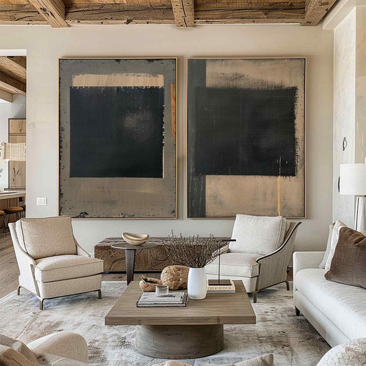 Wabi Sabi Wall Art Set of 2 Black Plaster Canvas Painting for Living Room