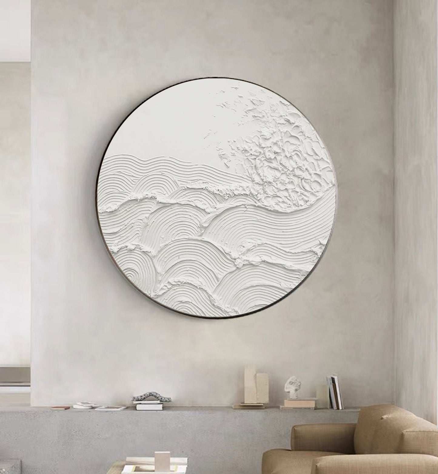White 3D Textured Circle Painting – Minimal Abstract Wall Art – Abstract Painting