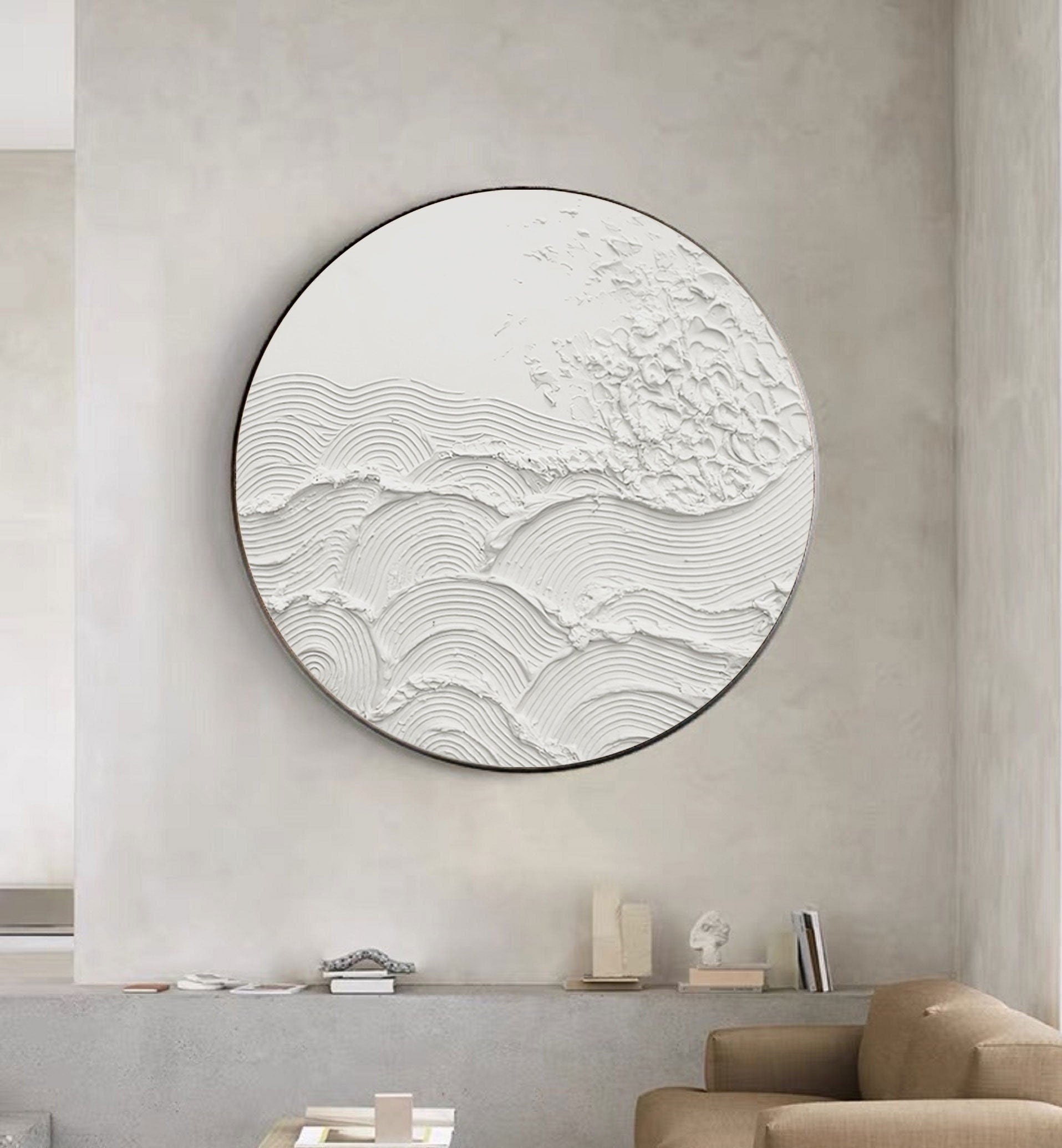 White 3D Textured Circle Painting – Minimal Abstract Wall Art – Abstract Painting