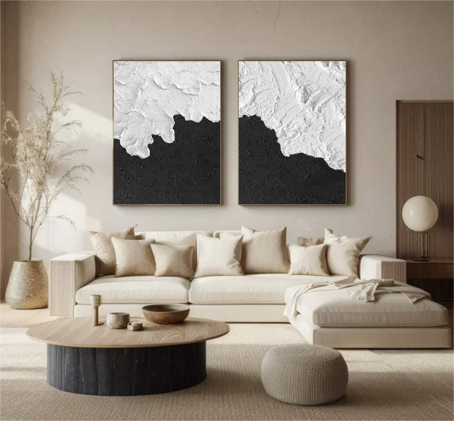 Black & White Textured Wall Art – Set of 2 Minimalist Paintings – Abstract Painting