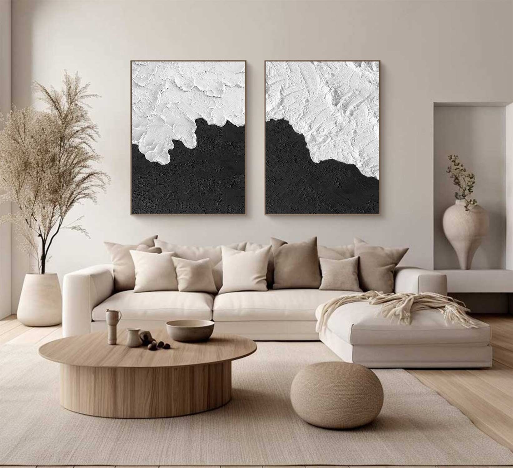 Black & White Textured Wall Art – Set of 2 Minimalist Paintings – Abstract Painting