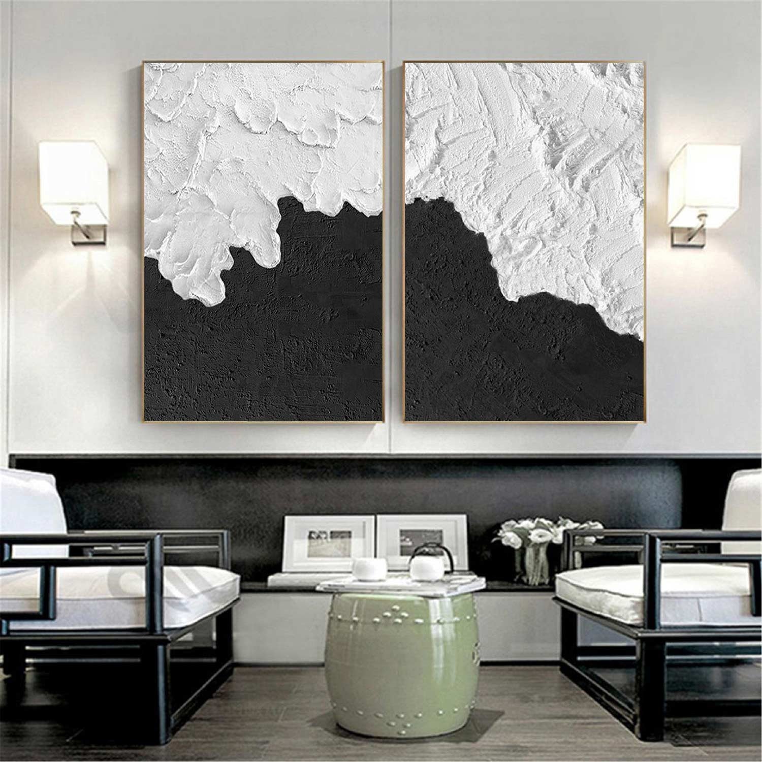 Black & White Textured Wall Art – Set of 2 Minimalist Paintings – Abstract Painting