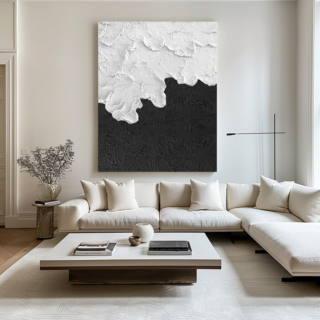 Textured Black and White Abstract Painting – Modern Minimalist Wall Art