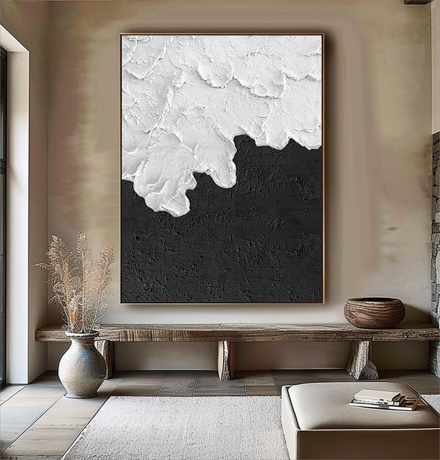 Textured Black and White Abstract Painting – Modern Minimalist Wall Art