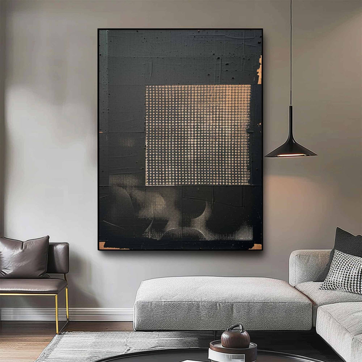 Black Gold Wabi Sabi Wall Art Grid Texture Canvas Painting for Office Decor