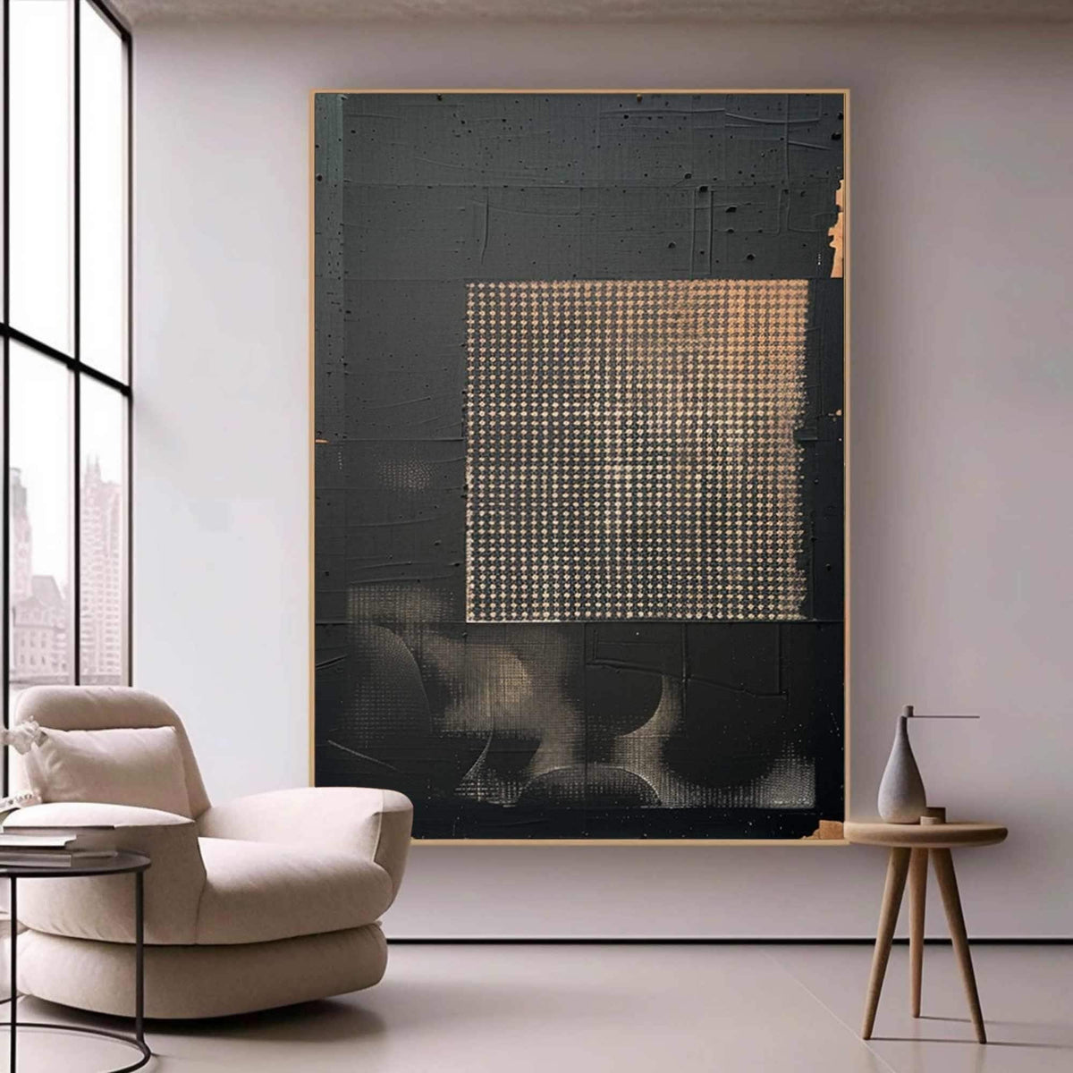 Black Gold Wabi Sabi Wall Art Grid Texture Canvas Painting for Office Decor