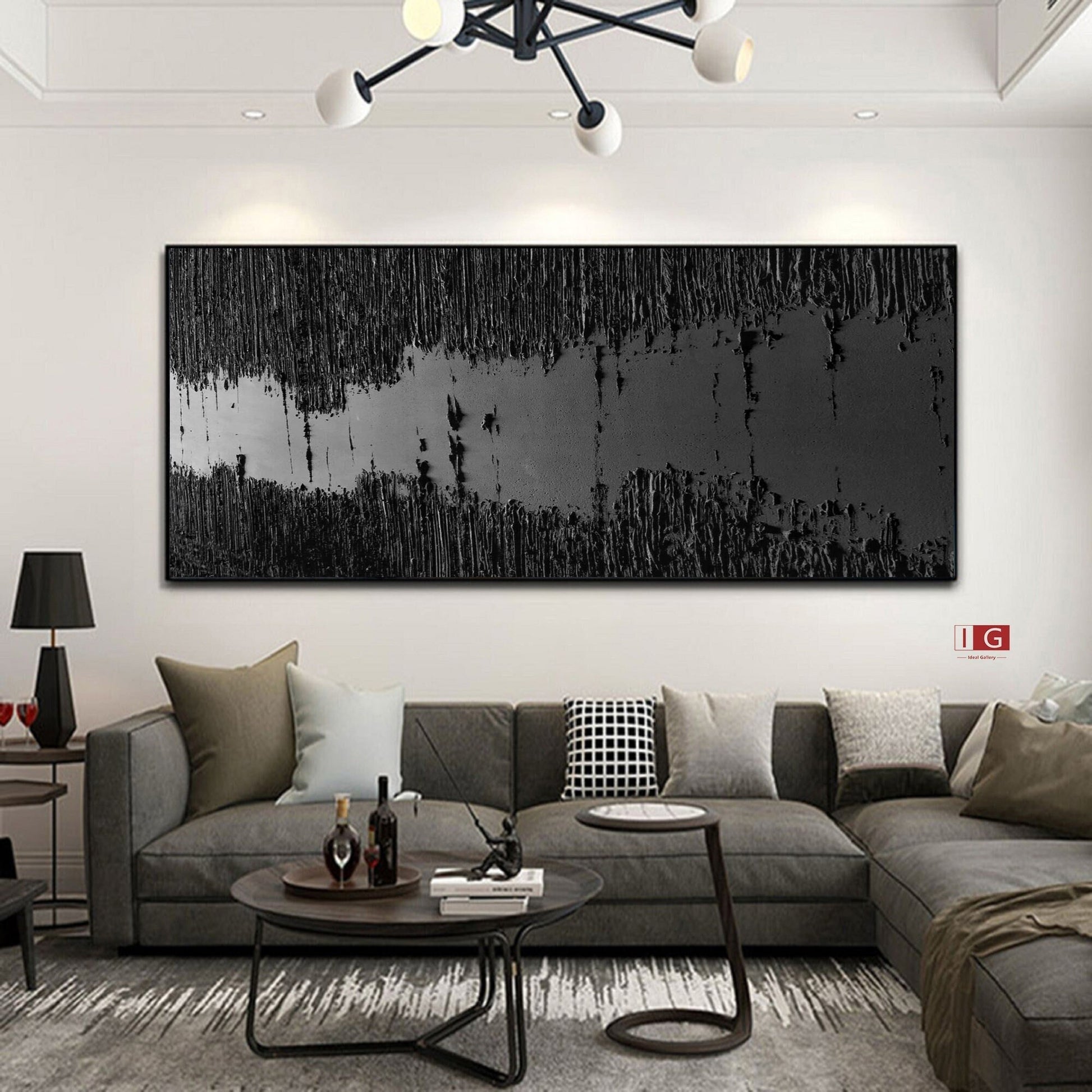 Large Black Abstract Painting Black Wall Art Black plaster art Black textured