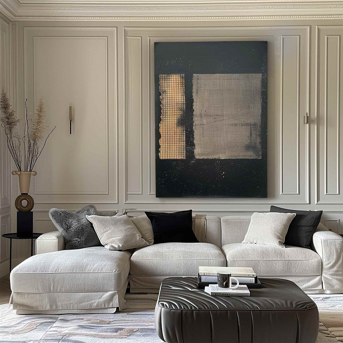 Black Beige Wabi Sabi Wall Art Textured Grid Canvas Painting for Living Room Decor