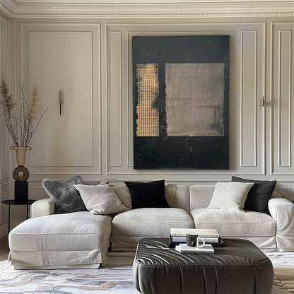 Black Beige Wabi Sabi Wall Art Textured Grid Canvas Painting for Living Room Decor
