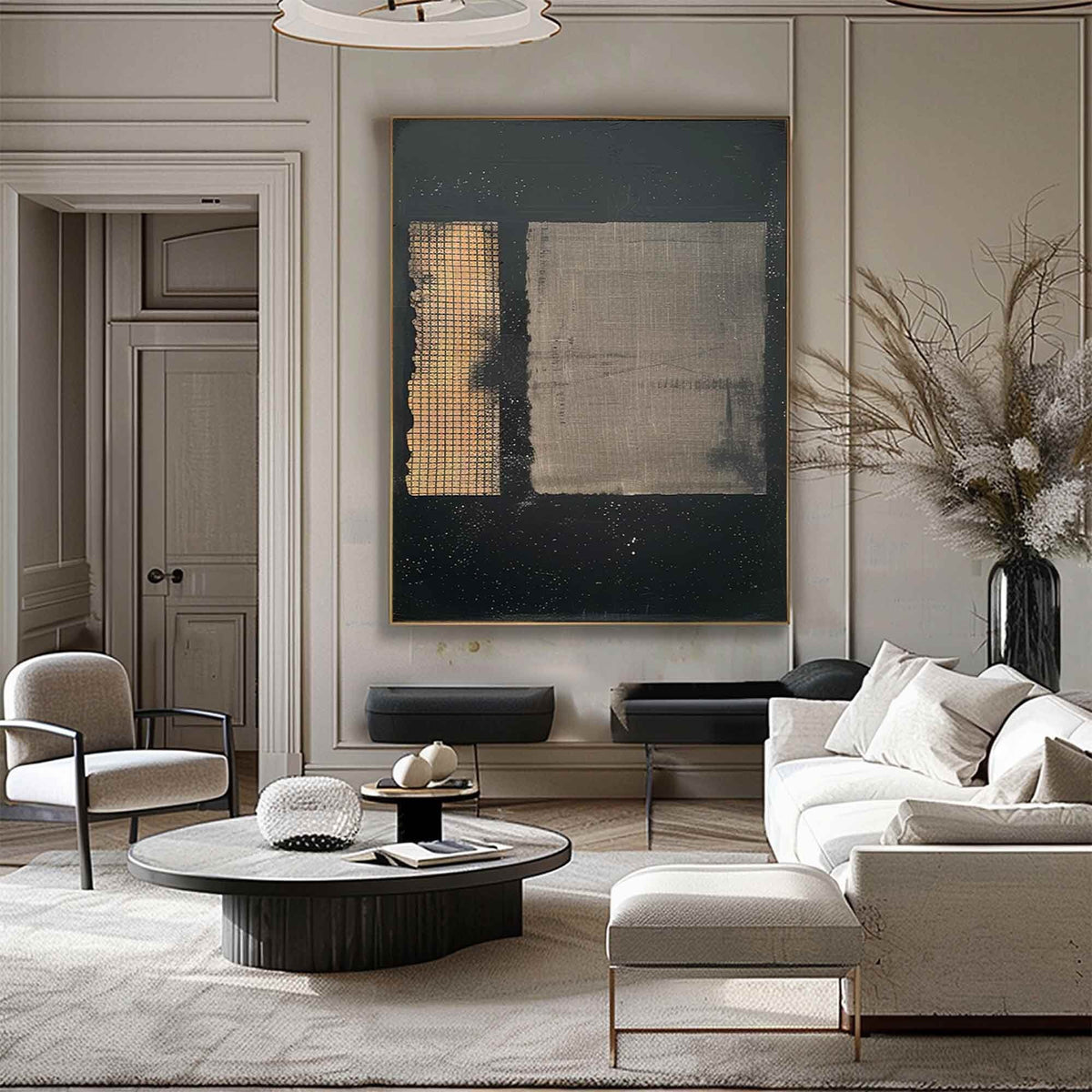 Black Beige Wabi Sabi Wall Art Textured Grid Canvas Painting for Living Room Decor