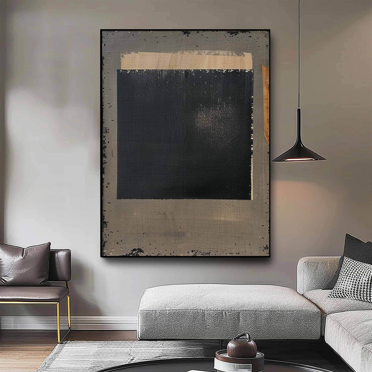 Black Taupe Abstract Wall Art Raw Edge Texture Canvas Painting for Modern Office Decor