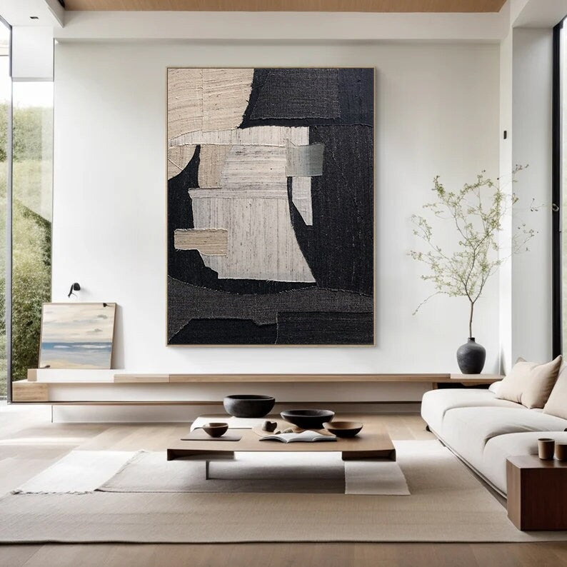 Black Abstract Textured Canvas Painting – Large Minimalist Wall Art – Abstract Painting