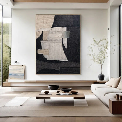 Black Abstract Textured Canvas Painting – Large Minimalist Wall Art – Abstract Painting