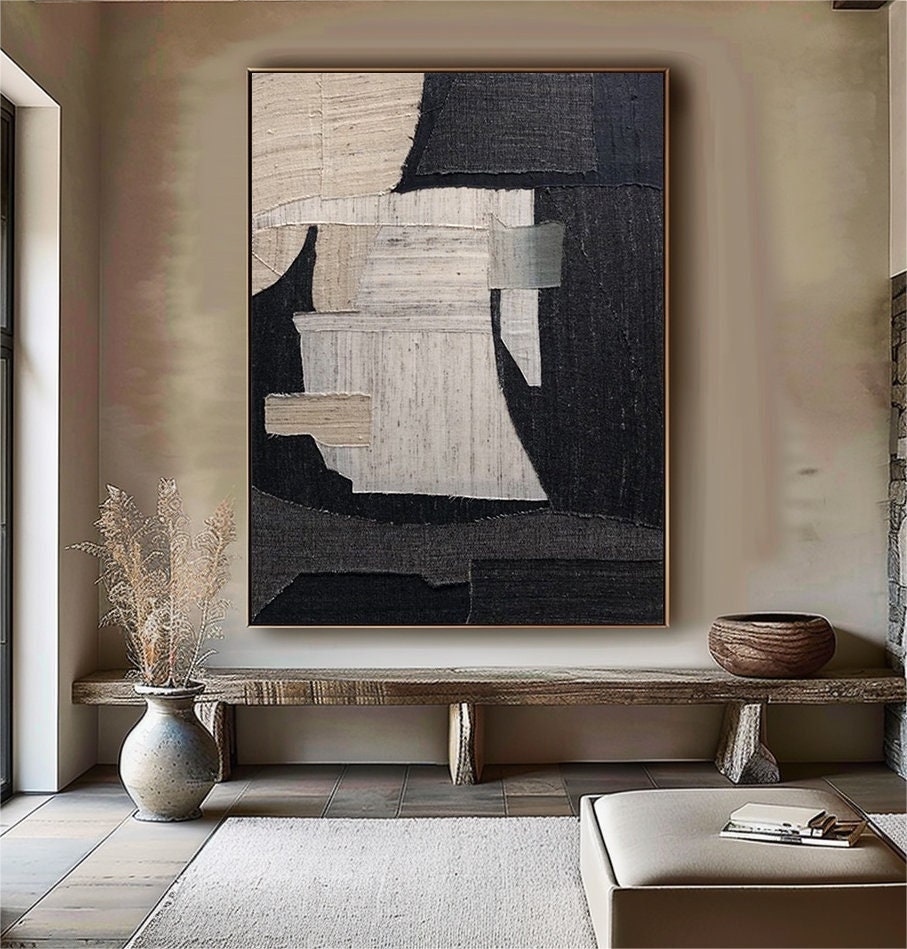 Black Abstract Textured Canvas Painting – Large Minimalist Wall Art – Abstract Painting
