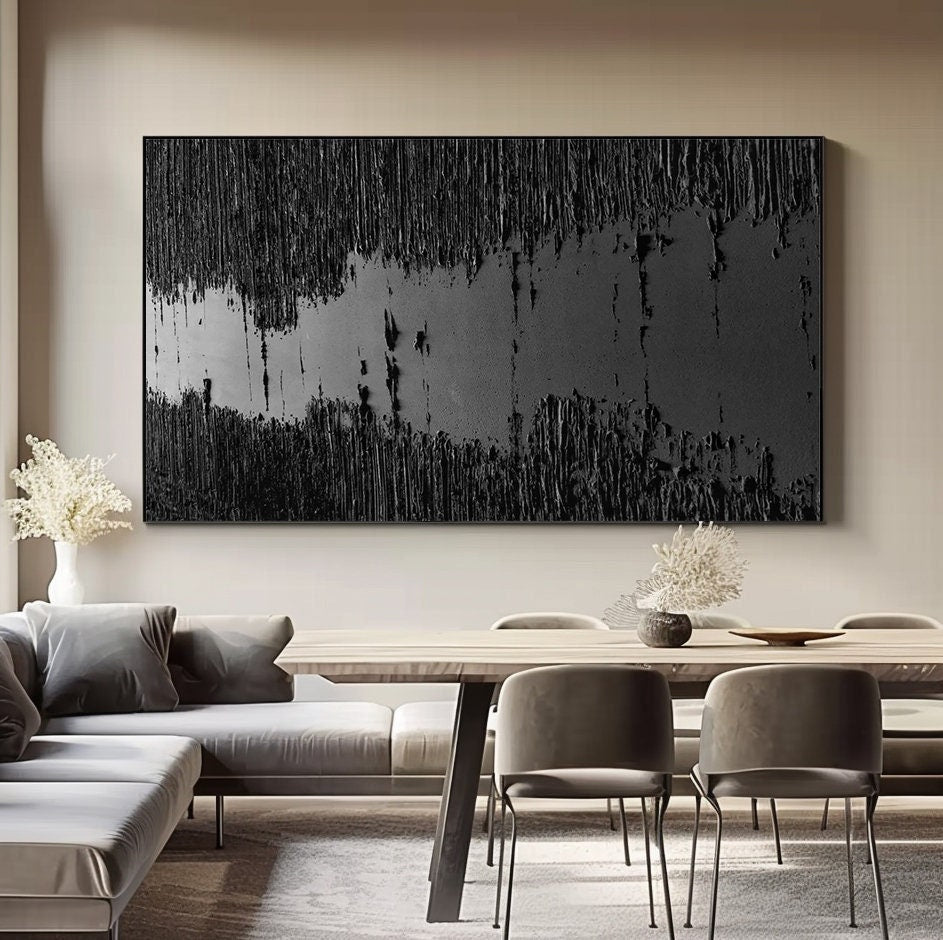 Large Black Abstract Painting Black Wall Art Black plaster art Black textured