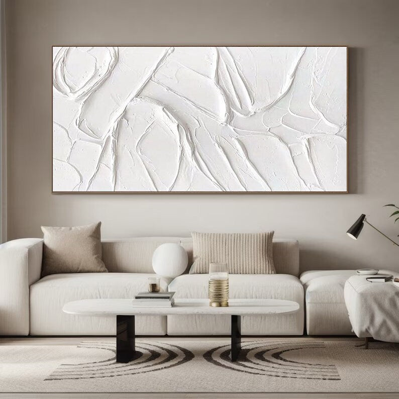 Textured White Mountain Painting – Framed Plaster Style Canvas Art – Abstract Painting