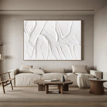 Textured White Mountain Painting – Framed Plaster Style Canvas Art – Abstract Painting