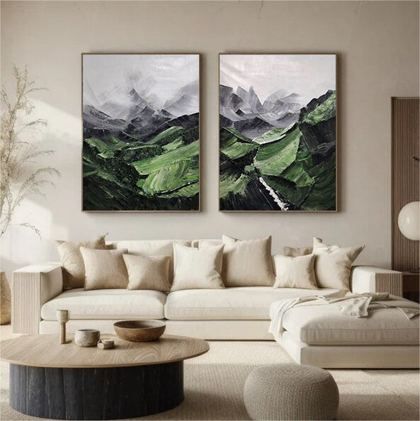 Set of 2 Green Mountain Abstract Paintings – Wall Art
