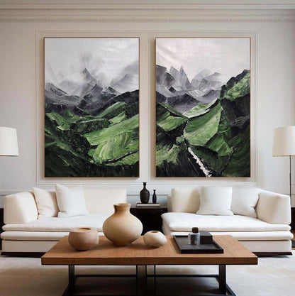 Set of 2 Green Mountain Abstract Paintings – Wall Art
