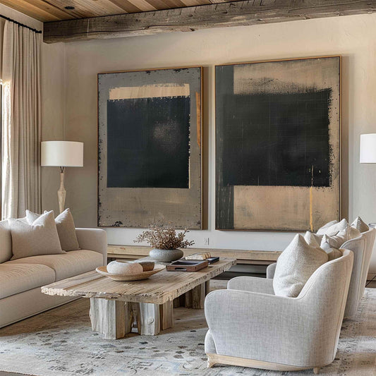 Wabi Sabi Wall Art Set of 2 Black Plaster Canvas Painting for Living Room