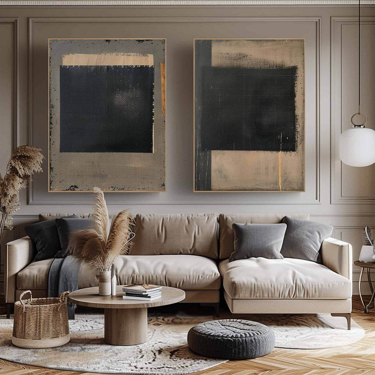 Wabi Sabi Wall Art Set of 2 Black Plaster Canvas Painting for Living Room