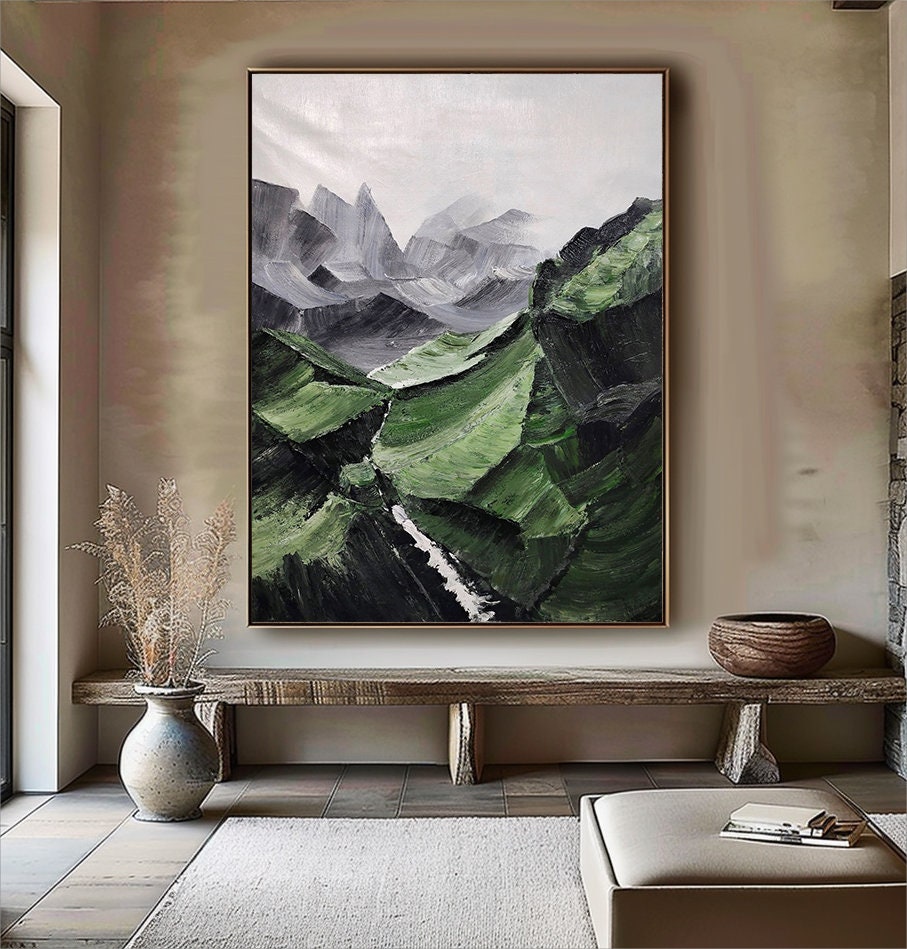 Green Mountain Abstract Painting – Minimalist Landscape Art – Landscape Canvas Art